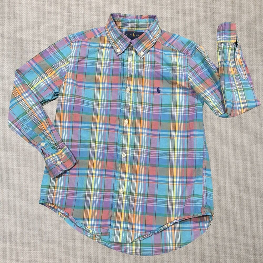 Ralph Lauren Boys 7 Madras Plaid Button Down Shirt Multicolor Y2K Preppy LS